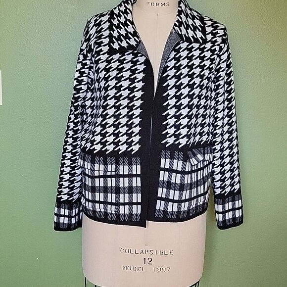 Tahari Houndstooth Plaid Knit Crop Blazer Black White Mixed Print-Small - Picture 1 of 5